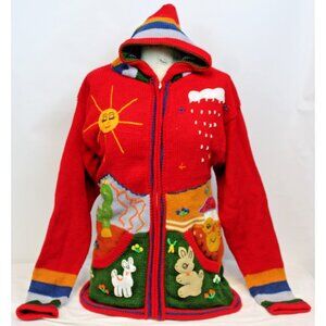 Peruvian Womens Lg Cardigan Sweater Whimsical Applique Fun Hoodie Animals Long